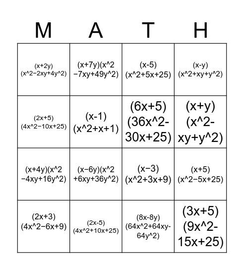 Special Case Polynomials Bingo Card