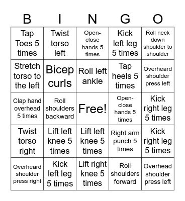 Senior Bingo Exercise Bingo Card