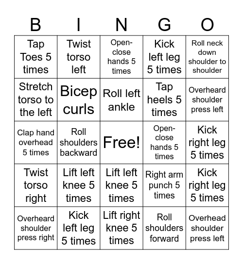 Senior Bingo Exercise Bingo Card
