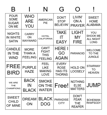 CLASSIC ROCKS "OVERPLAYED SONGS" Bingo Card