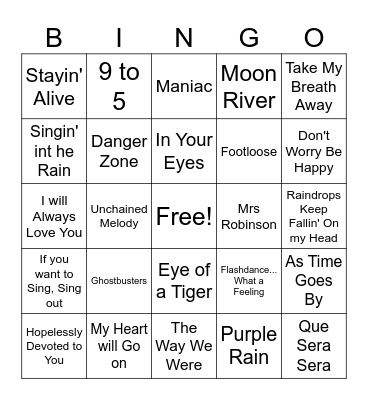 Tv & Movie Songs Bingo Card
