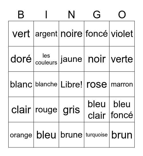Les couleurs Bingo Card