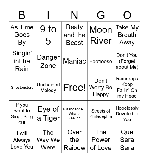 Tv & Movie Songs Bingo Card