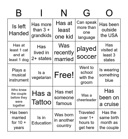 Find the Guest and have them sign their name Bingo Card