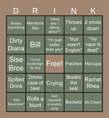 Cabin Drink-o Bingo Card