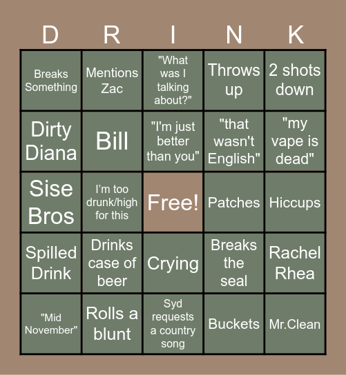 Cabin Drink-o Bingo Card