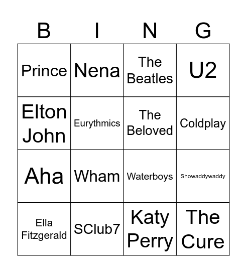 Artists for sky songs Bingo Card