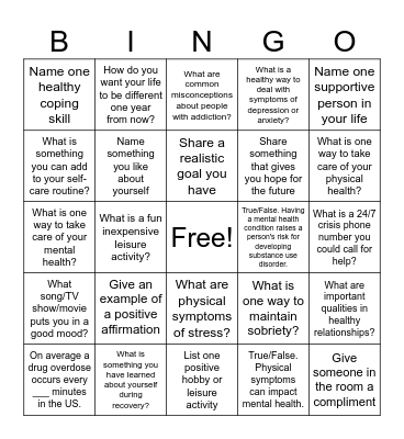Mental Health & Recovery Bingo Card