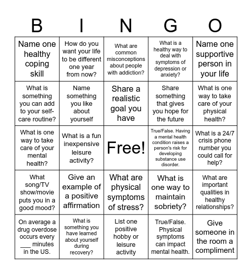 Mental Health & Recovery Bingo Card