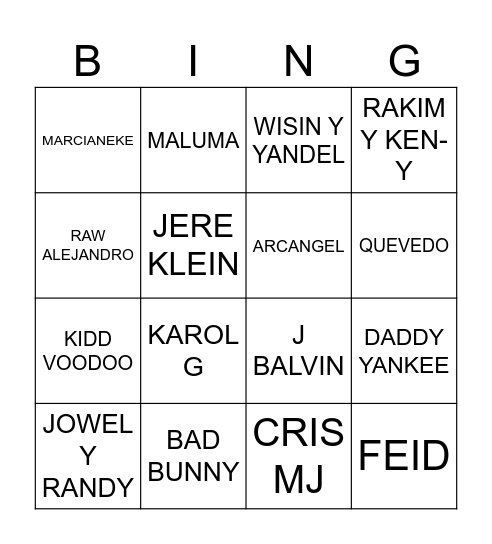 BINGO REGAETONERO Bingo Card