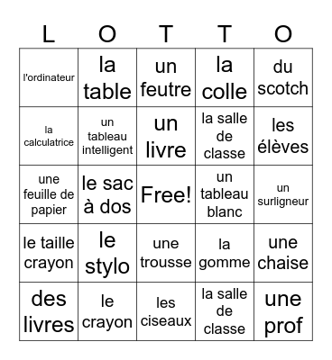 French Classroom Item Bingo Card