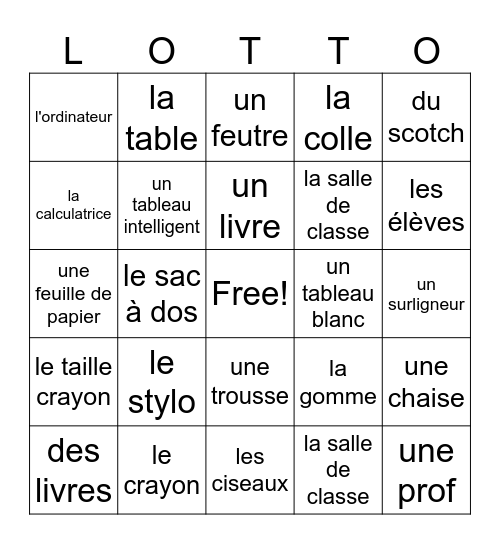 French Classroom Item Bingo Card