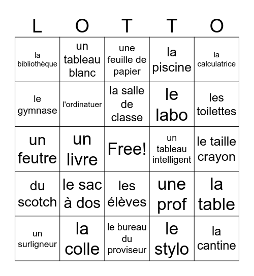 French Classroom Items & Places Bingo Card