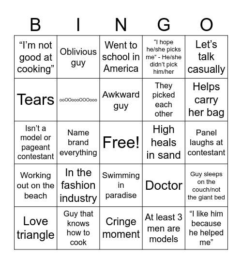 Single's Inferno Season 5 Bingo Card