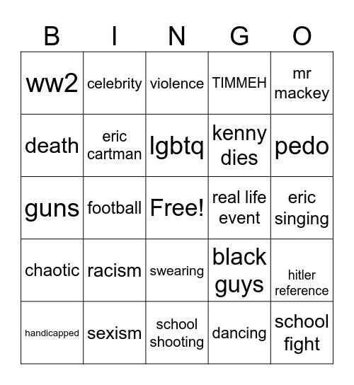south park bingo Card