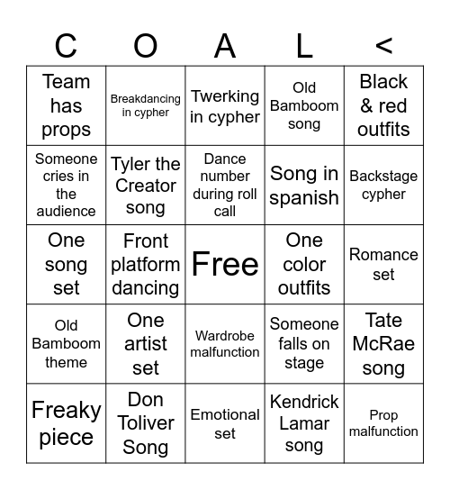 Coalescence Bingo Card