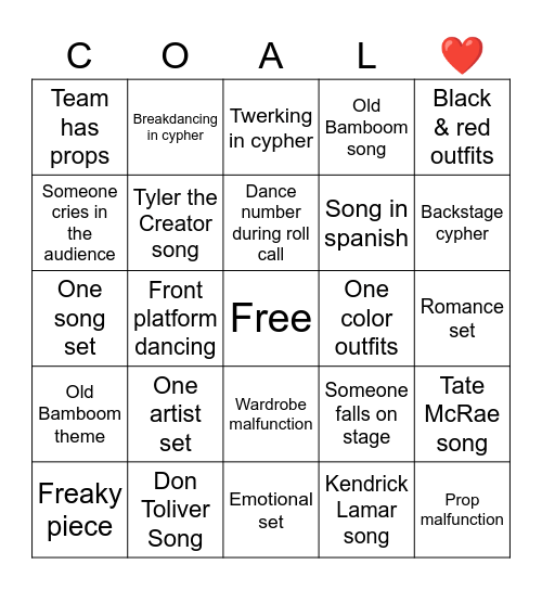 Coalescence Bingo Card