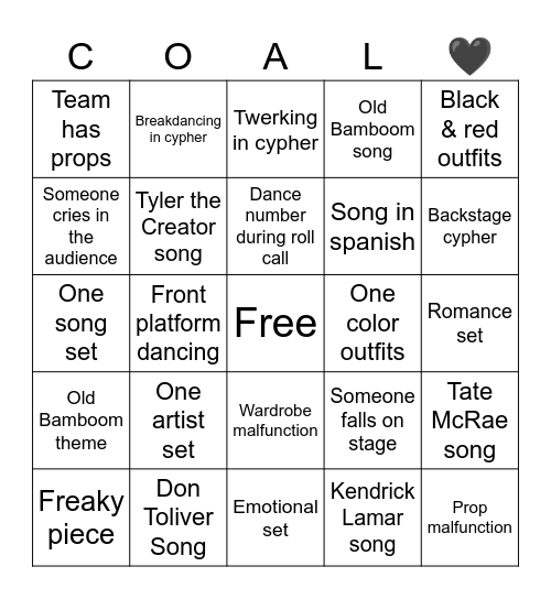 Coalescence Bingo Card