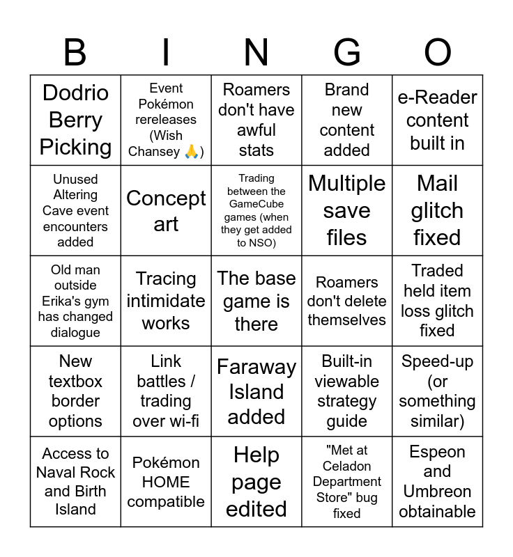 Pokémon FireRed / LeafGreen Switch Release Bingo Card