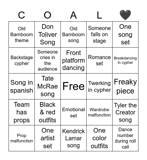 Coalescence Bingo Card
