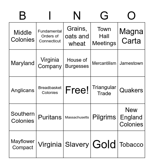 13 Colonies Bingo Card