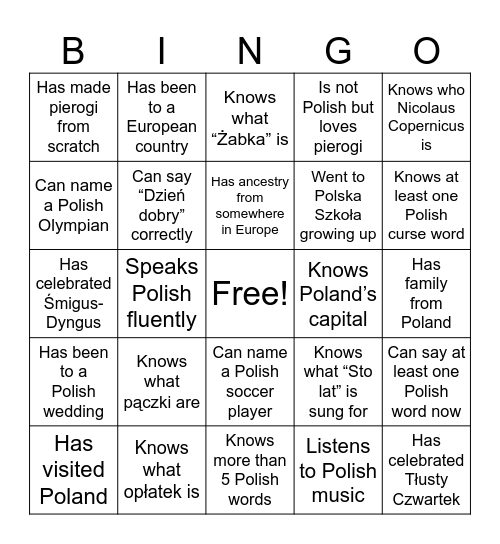 Polish Culture Bingo Card