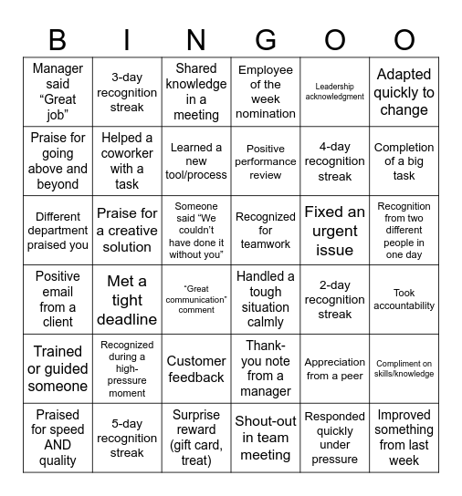 Recognition Bingo Card