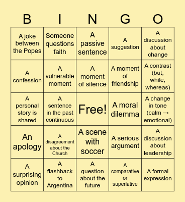 The two popes / ULA Cinema Bingo Card