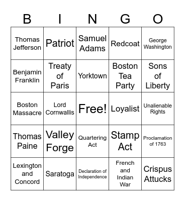 American Revolution Bingo Card