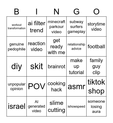 tiktok Bingo Card