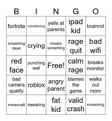 kids gamer rage bingo Card