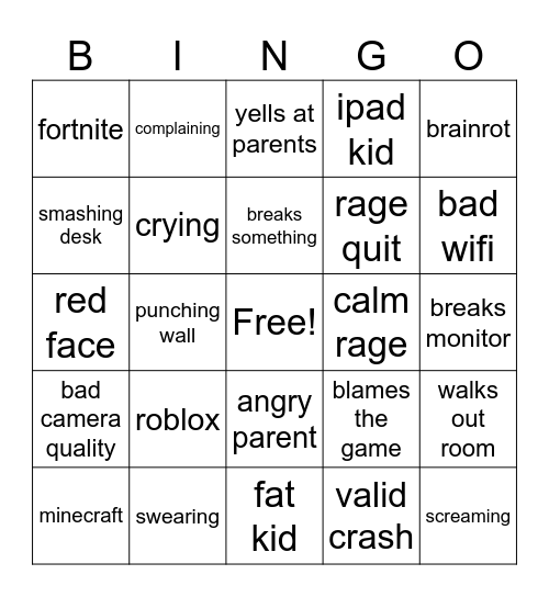 kids gamer rage bingo Card