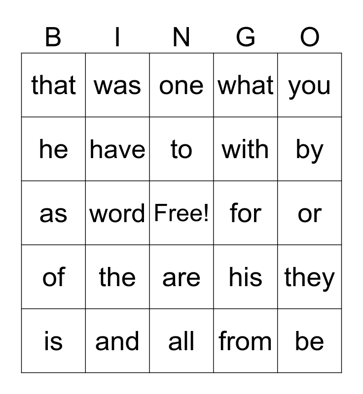 High Frequency Words Bingo Card