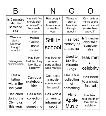 Legendary Bingo Card
