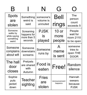 School lunch bingo Card