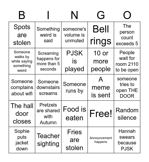 School lunch bingo Card