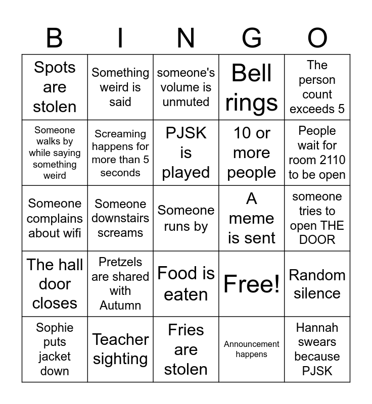 School lunch bingo Card