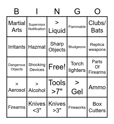 Prohibited item Bingo Card