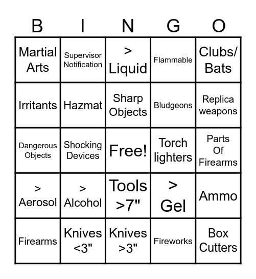 Prohibited item Bingo Card