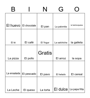 Foods and Drinks (Comida y Bebida) Bingo Card