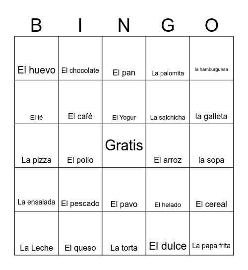 Foods and Drinks (Comida y Bebida) Bingo Card