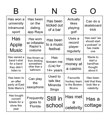 Find a person that matches the description. Full card to win. Can't ask someone for more than 2. Cannot use yourself unless absolutely necessary. First person to show me full card wins. There is a prize! Bingo Card