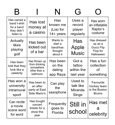 Full card to win. Can't ask someone for more than 2. Cannot use yourself unless absolutely necessary. First person to show to me (Lia) wins. There is a prize! Bingo Card