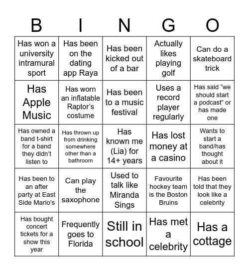 Find a person that matches the description. Full card to win. Can't ask someone for more than 2. Cannot use yourself unless absolutely necessary. First person to show me full card wins. There is a prize! Bingo Card