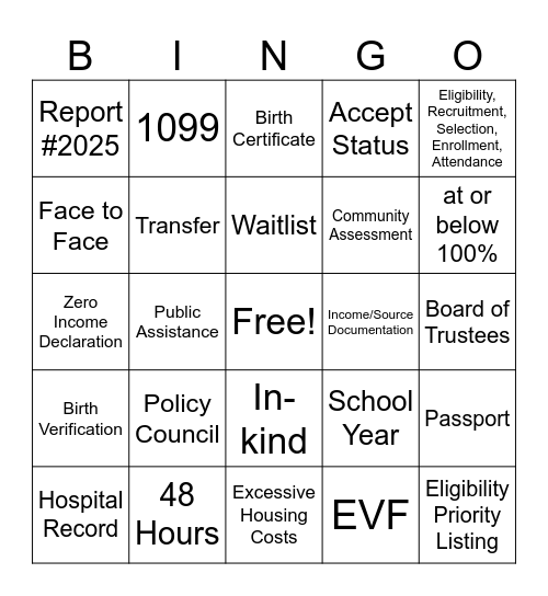 ERSEA Bingo Card