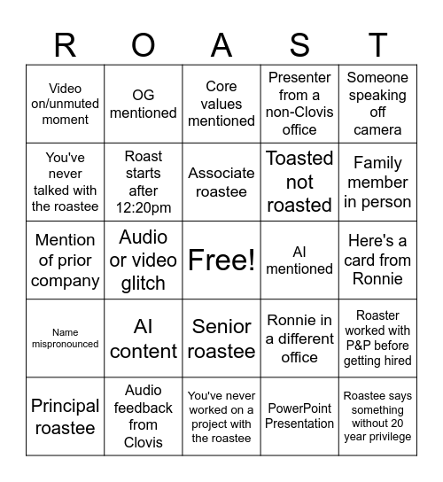 Roast Bingo Card