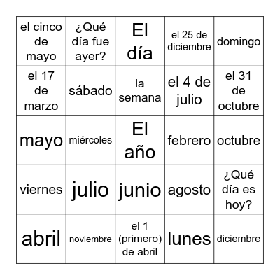 los días, los meses, y las fechas Bingo Card