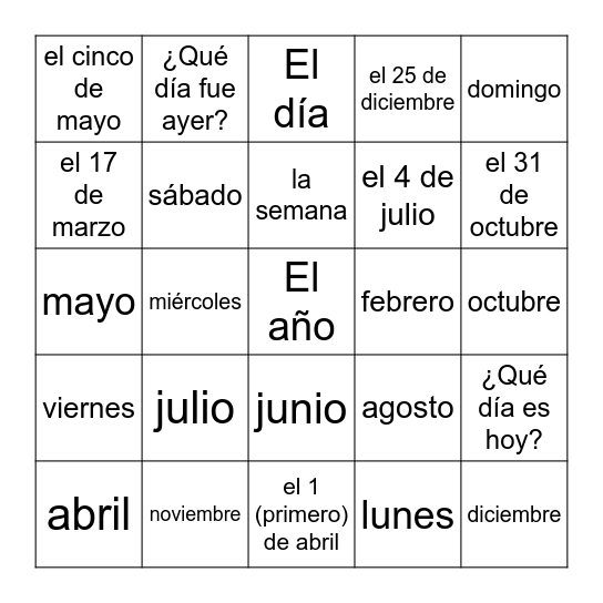 los días, los meses, y las fechas Bingo Card