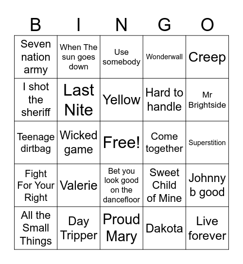 Live Band Bingo Card