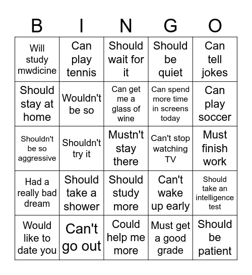 Modal verbs Bingo Card
